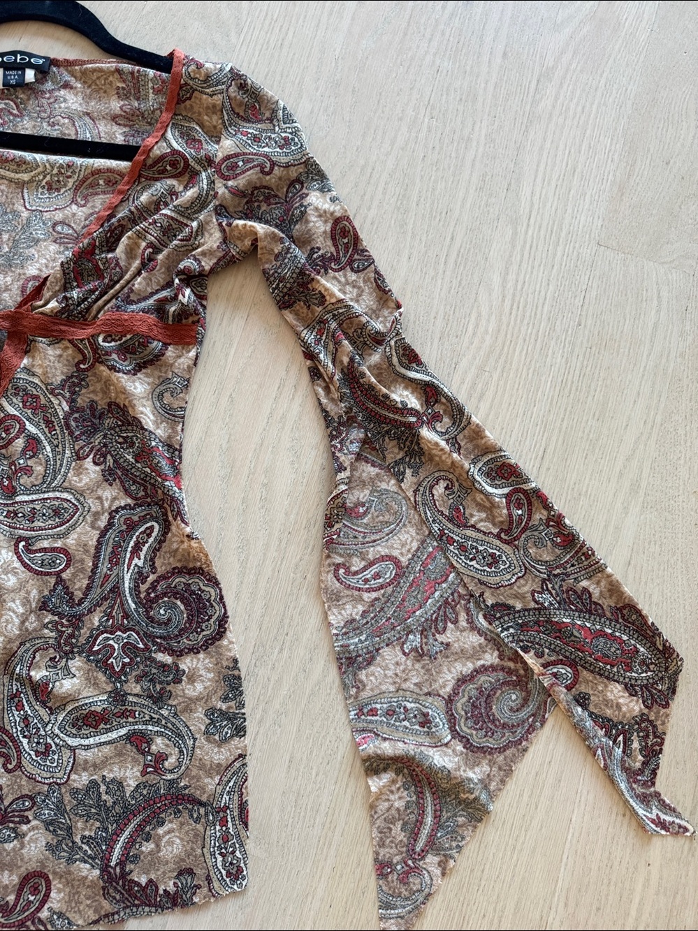 bebe Brown Paisley Tie-Front Long Sleeve Top with Rust Trim - Picture 6 of 6
